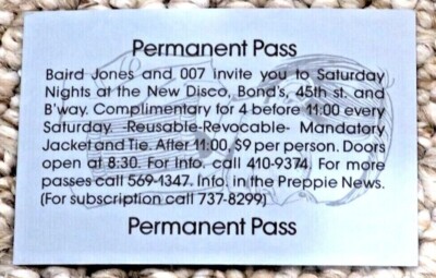 NYC - 1983 DISCO INVITATION - PERMANENT PASS - BOND'S, the ''NEW DISCO''