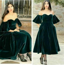 Dark Green Tea Length A-line Velvet Prom Dresses Evening Gown Formal Party Dress