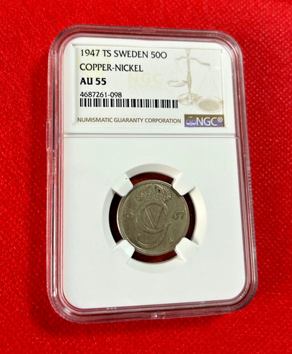 1947 TS SWEDEN 50O COPPER NICKEL NGC AU 55