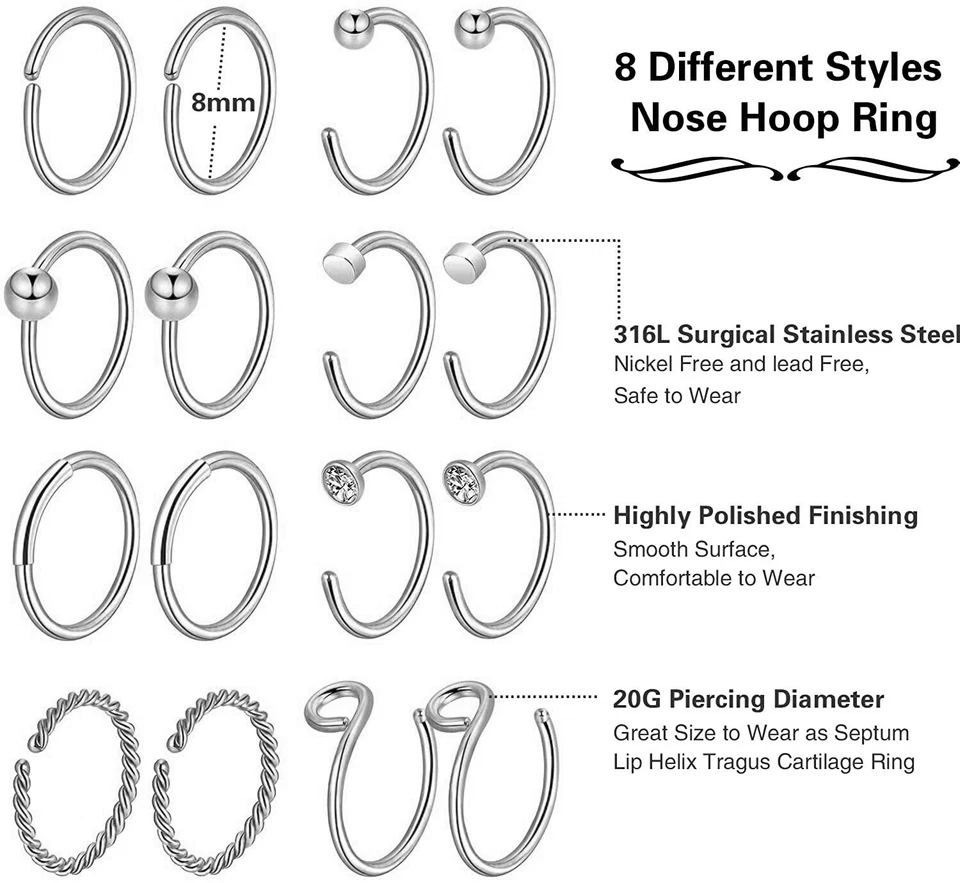 30 PIEZAS Anillo Nariz Acero Quirúrgico Aro Colorido Circonita cúbica Nariz Perno Piercing Fosa Nariz 20G Foto 2 de 4