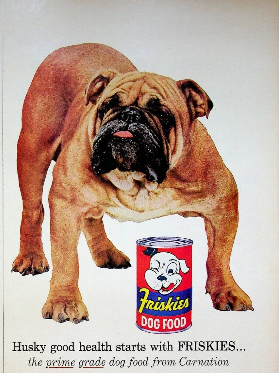 1958 Bulldog Friskies Dog Food Vintage 50s Print Ad Husky Good