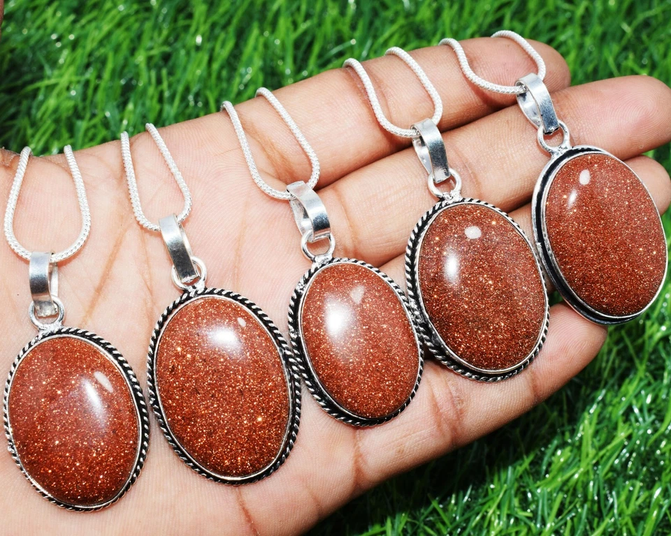 Lote de 5 piezas colgantes con cadena con piedras preciosas de piedra solar chapadas en plata 925 al por mayor Foto 2 de 4