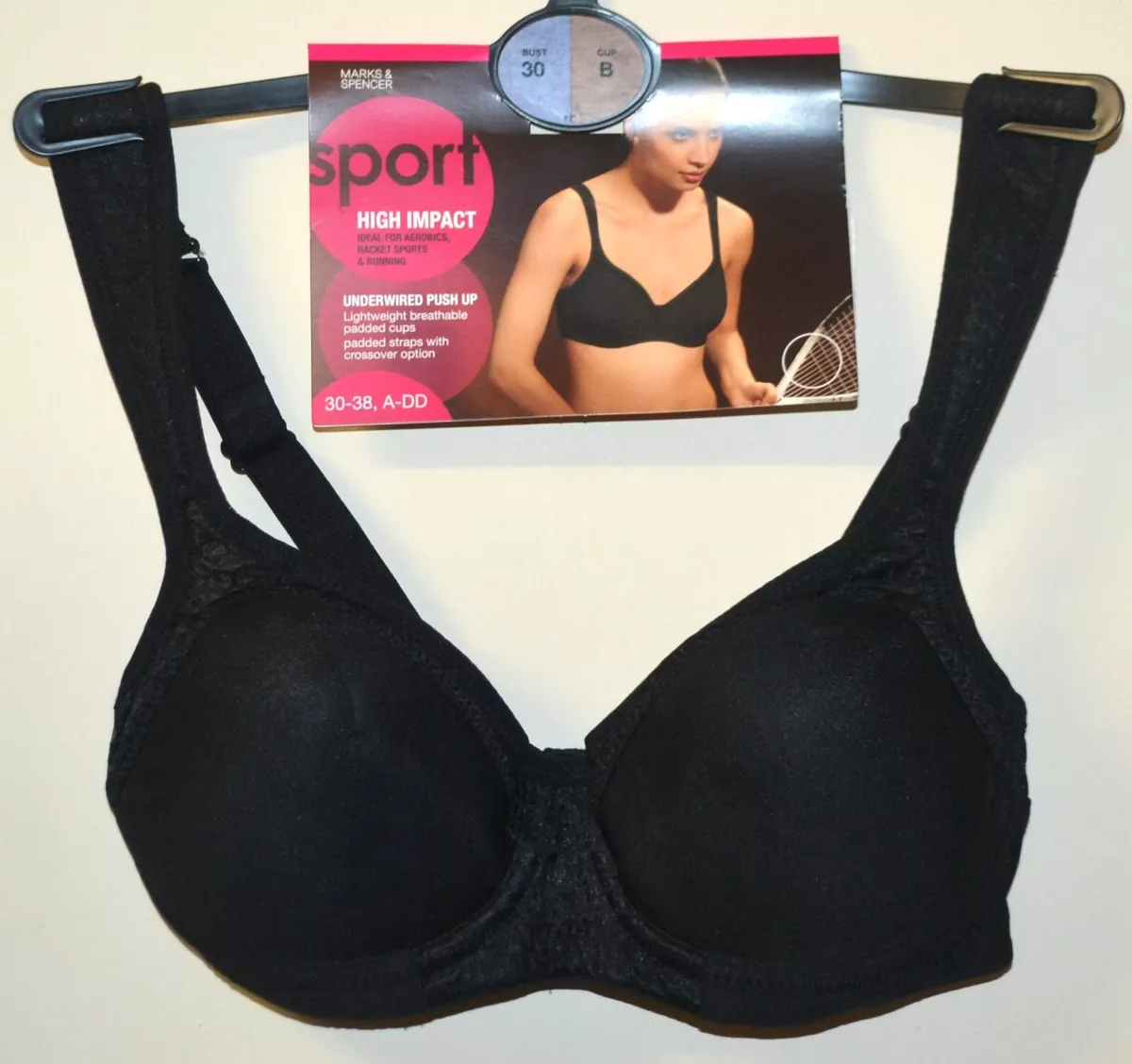 LADIES M&S HIGH IMPACT UNDERWIRED PUSH UP SPORTS BRA SIZE 30B BLACK - NEW