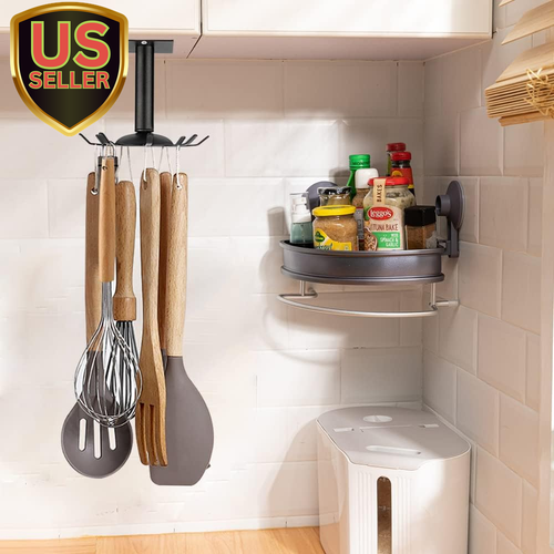 Matte Black Rotating Cooking Utensil Rack with 8 Rotatable Hooks for Spoons, ...