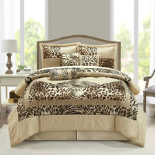 Zebra Leopard Patchwork Safari Gold Brown 7 pc Comforter Set Queen Cal King Bed