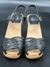 Swedish Hasbeens BRAIDED HIGH Wood Clog Sandals Black Nubuck Size 38
