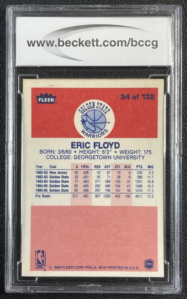 BCCG 9 ERIC FLOYD 1986-87 FLEER BASKETBALL #34 ROOKIE RC WARRIORS - Image 2 of 2
