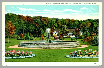 #ad Fountain and Pavilion Sibley Park Mankato Minnesota Linen c1930 Vintage Postcard $4.95