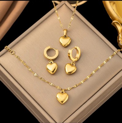 Hot Luxury Heart Necklace Earring Bracelet Set 18k Gold Plated Stainless Steel 