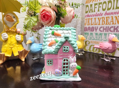 Easter Light Up Pastel Blue Pink Iced Gingerbread House Bunny Rabbit Eggs