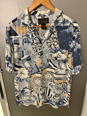 August Silk Sport Shirt Mens Silk Button Up M Blue Collage Print Tropical