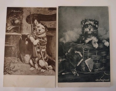 2 x Hundepostkarten, Künstler James Yates Carrington, ein Rekrut und ein Auswanderer