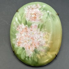 Antique Victorian Hand Painted Porcelain Floral Brooch Pin Leaves Pink Flowers