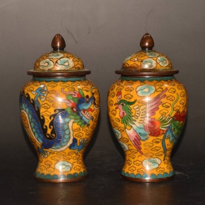 Copper Tire Handmade Cloisonn É Blue Dragon and Phoenix Jiang Jun Jar