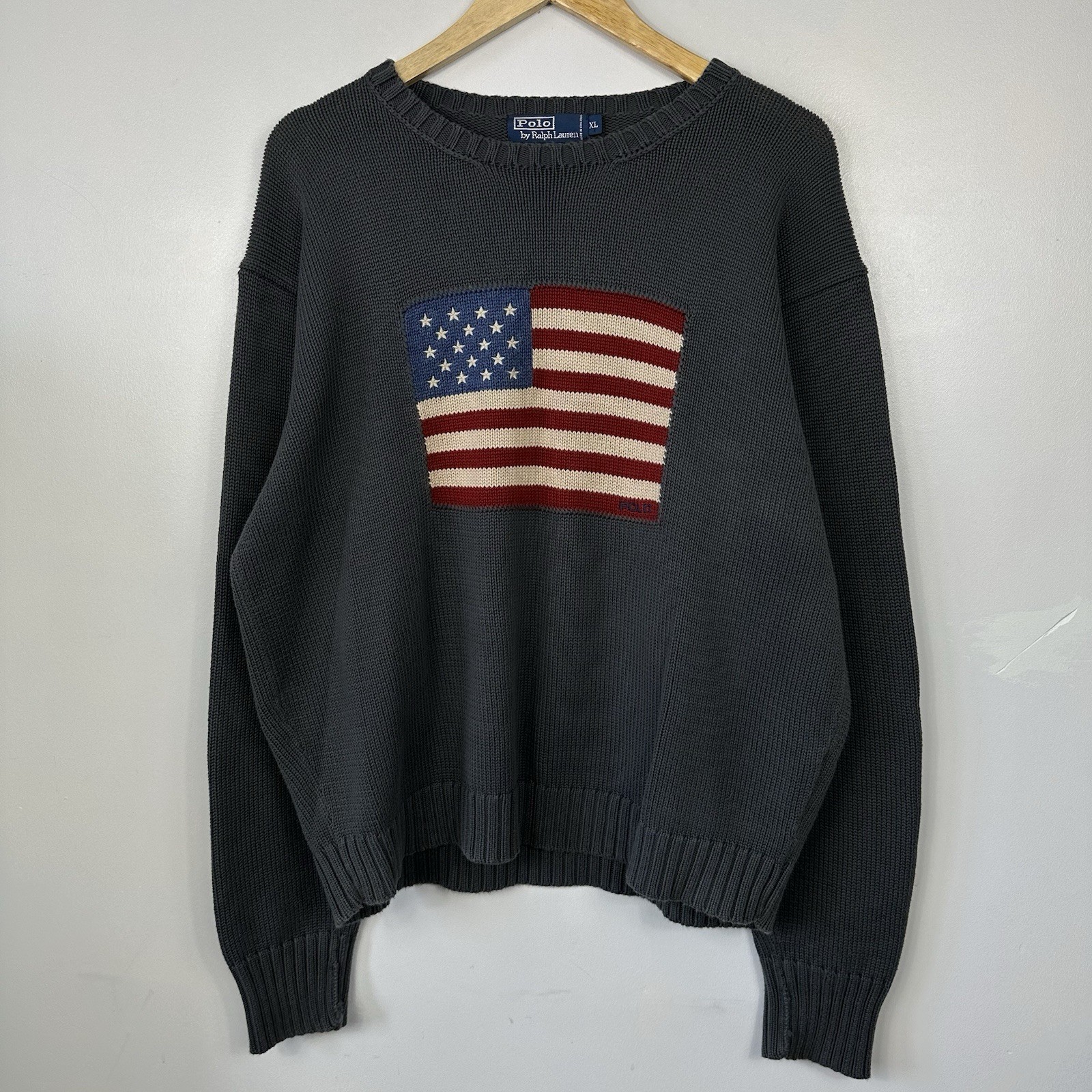 Polo Ralph Lauren USA Flag Jumper Cable Knit Sweater, Grey, Vintage, Mens XL