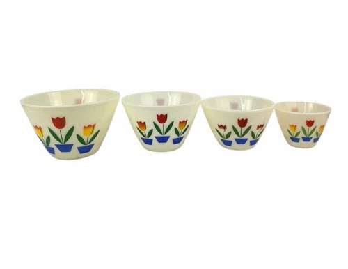 Set of 4 Vintage FireKing Tulip Milk Glass Mixing Bowls Oven Ware Anchor Hocking
