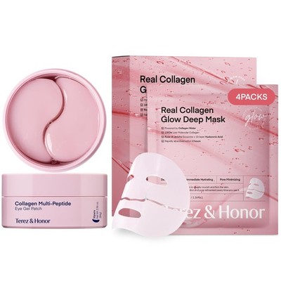 Collagen Face Mask 4-Pack & Eye Patches 60 Pcs Hydrogel Set - Korean Self Car...