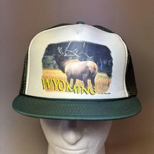 Nissin Wyoming Hat Cap Mens Trucker Snap Back Green Mesh Elk Graphic 1994