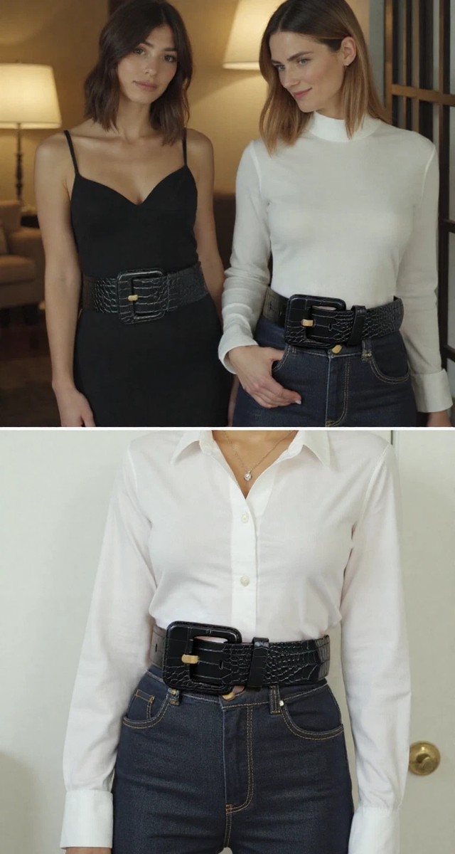 Women Black Wide Faux Leather Waistband Animal Skin Stamp