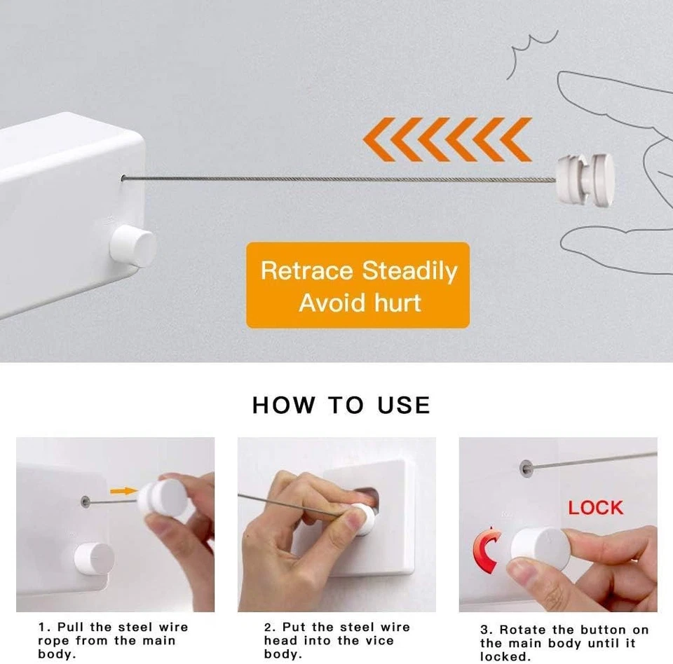 Clothes Line Retracting Indoor-Clothes Drying Line 13.8 Ft Steel Wire - Image 3 of 4