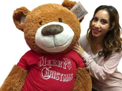 5 Foot Giant Brown Teddy Bear Wears Red Tshirt that says Merry Christmas