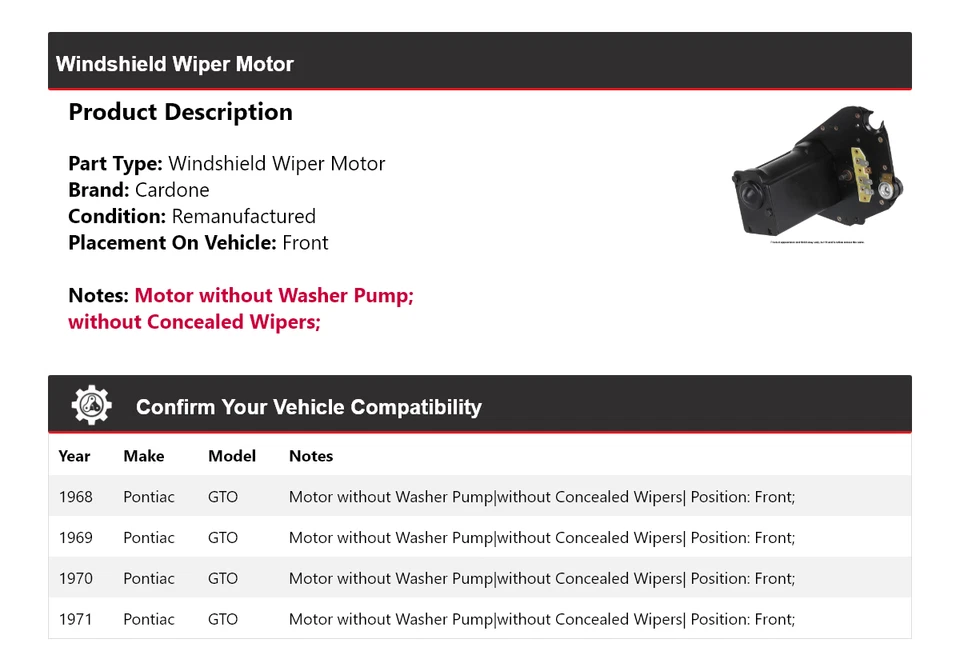 For 1968-1971 Pontiac GTO Windshield Wiper Motor Front Cardone 1969 1970 - Image 2 of 4