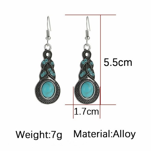 Bohemian Blue Stone Tibetan Silver Inlaid Turquoise Crystal Dangle Drop Earrings - Picture 6 of 11