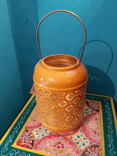 INDIAN CUT OUT DESIGN IRON LANTERN IN VIBRANT MUSTARD YELLOW - Picture 2 of 10