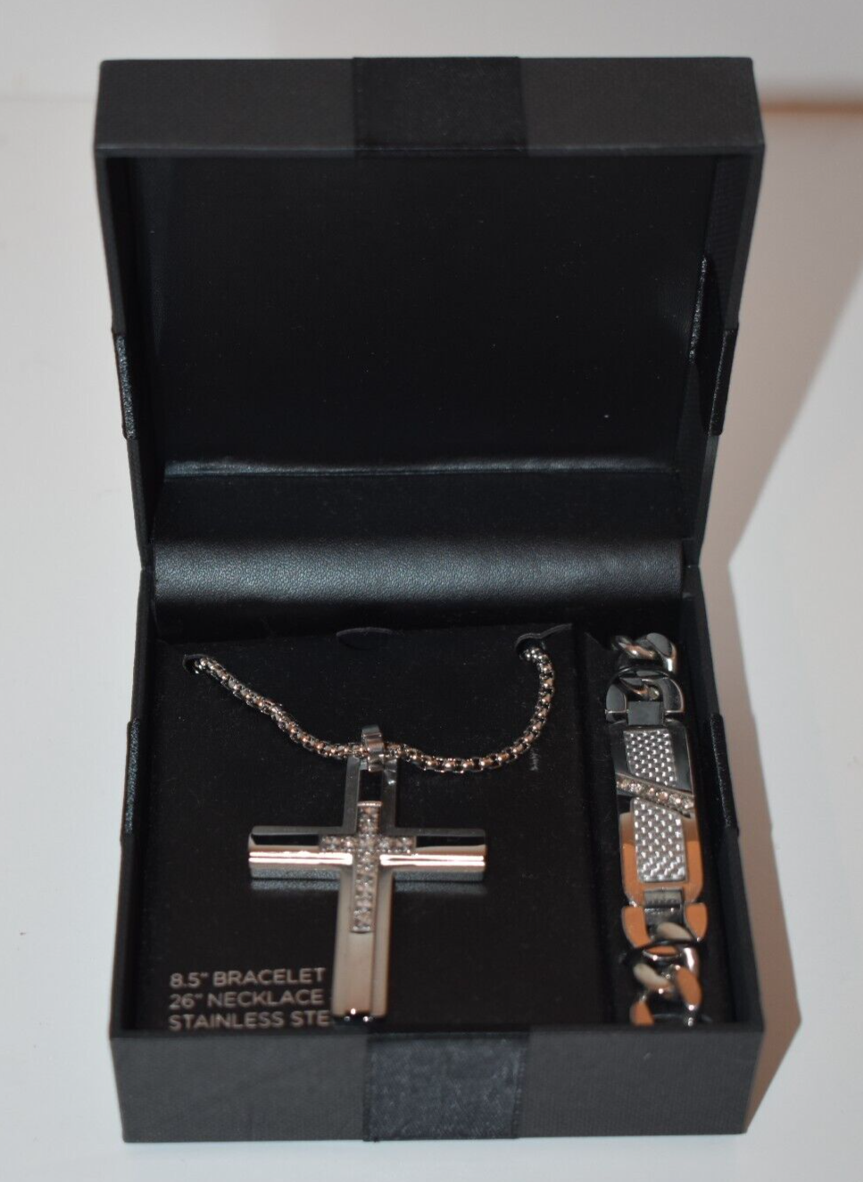 Men's Cubic Zirconia Stainless Steel Cross Necklace & Bracelet Set