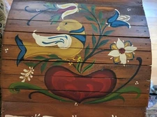 Vtg Folk Art Wooden Hand Painted Treasure Chest Box Trunk /Bird Heart OOAK Euro