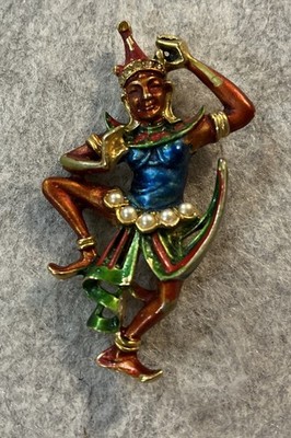 Vintage Signed ART Arthur Pepper Brooch Pin Balinese Thai Dancer Faux Pearl 1960