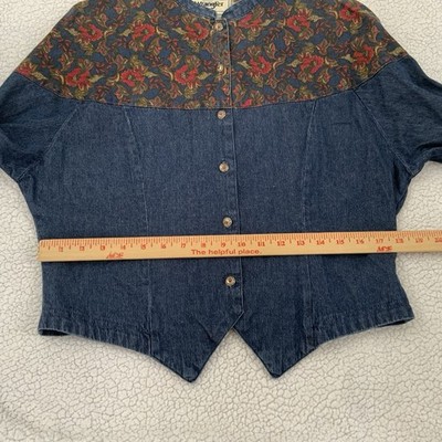 Haut Western Vintage Perlé Femme – Denim Bleu Floral – Grand L – Cowgirl Rodeo