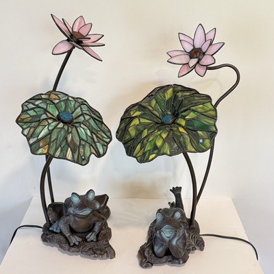 Vintage Tiffany Style Frog Lily Pad Lamps SET OF TWO Stained Glass Floral Metal