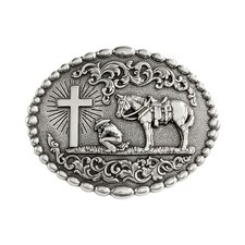 Products Nocona Silver Oval Buckle with Beaded Edge, Cowboy at Cross and Hors...