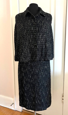ESCADA Sz 38 40 Black Boucle White Jacket Cape Skirt  2pc Suit