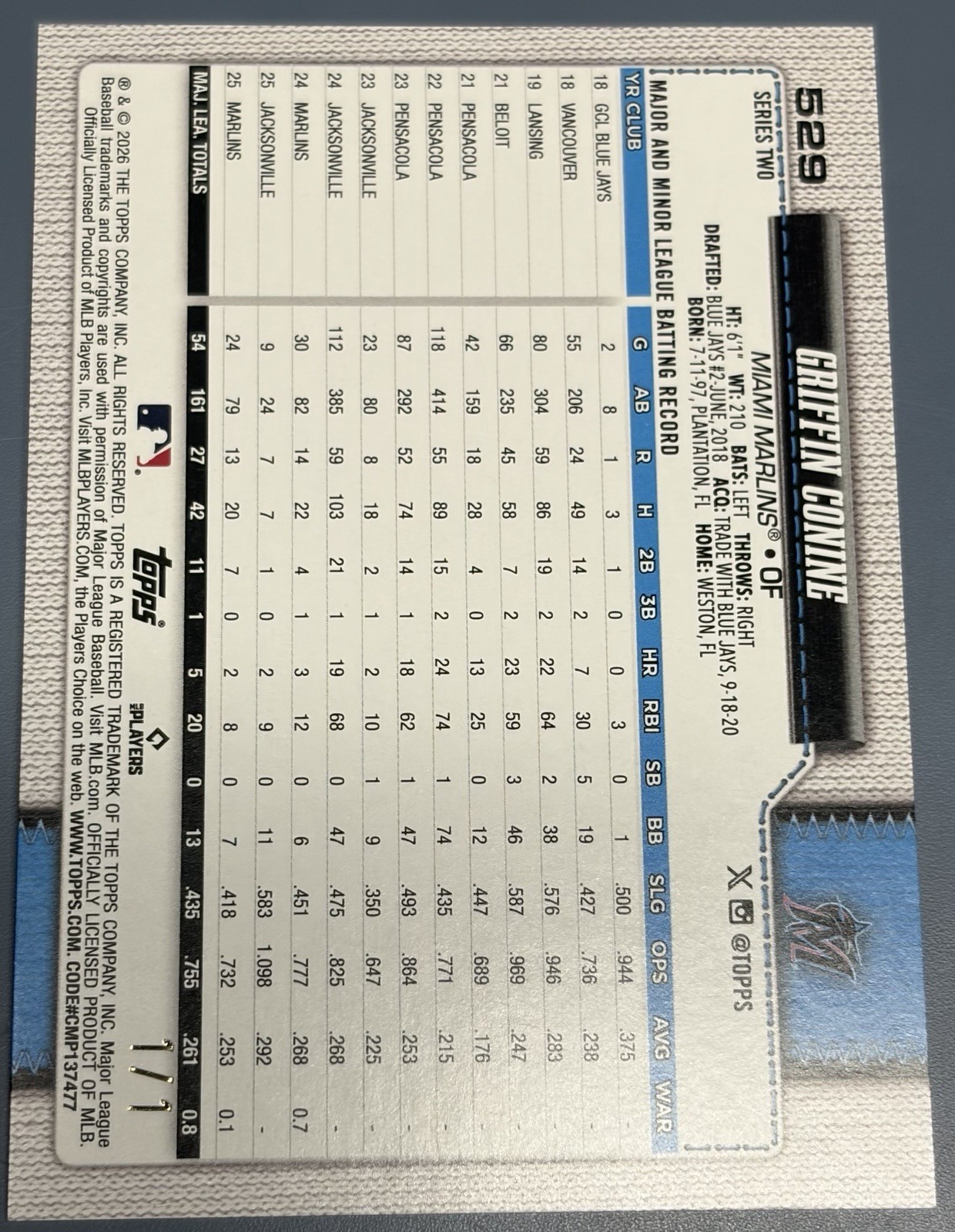 2026 Topps Series 2 - GRIFFIN CONINE Superfractor 1/1 Marlins view 2