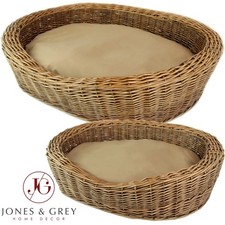 PET DOG CAT BEDS ROUND WILLOW WICKER BASKET BROWN WITH WASHABLE CUSHION 3 SIZES