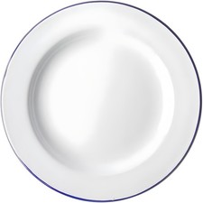 Falcon Enamel Dinner Plate 24cm White Blue Rim Camping BBQ Outdoor Durable