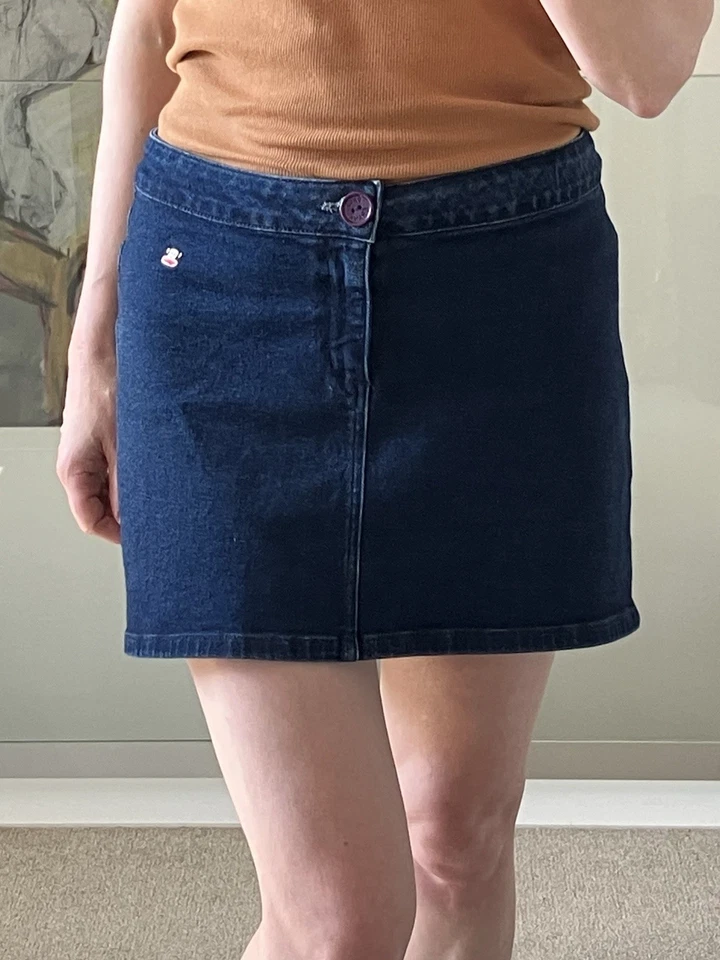 Mini Falda Denim Paul Frank Vintage Azul Oscuro Hecha en EE. UU. Cintura 31" Foto 2 de 4