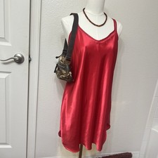 Red Satin Slip Dress Lingerie Dentelle Basic Silky Sleep Gift Valentines Vintage