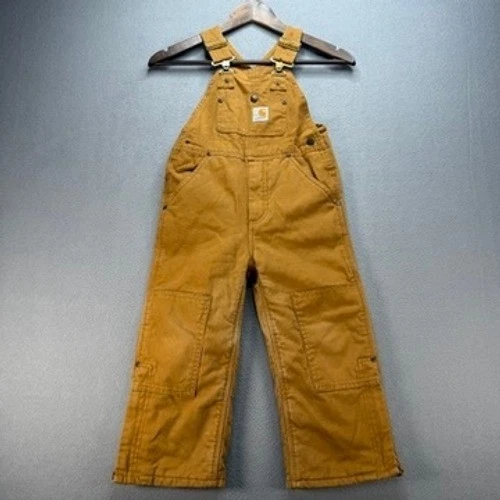 Carhartt Bib Overalls Canvas Duck Double Knee Quilt Lined Size 4 Brown Tan Kids
