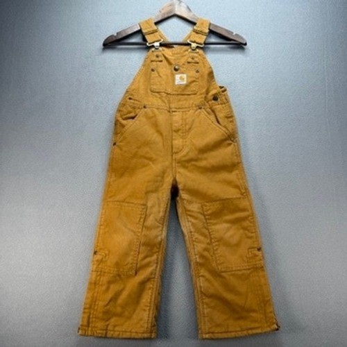 Carhartt Bib Overalls Canvas Duck Double Knee Quilt Lined Size 4 Brown Tan Kids