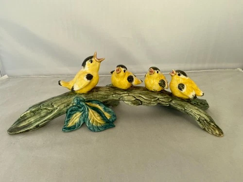 Vintage Stangl Pottery Yellow & Black Goldfinches Birds On A Branch #3635