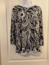 All Hours Women’s Black White Paisley Stretch Blouse Shiny Dotted Size L