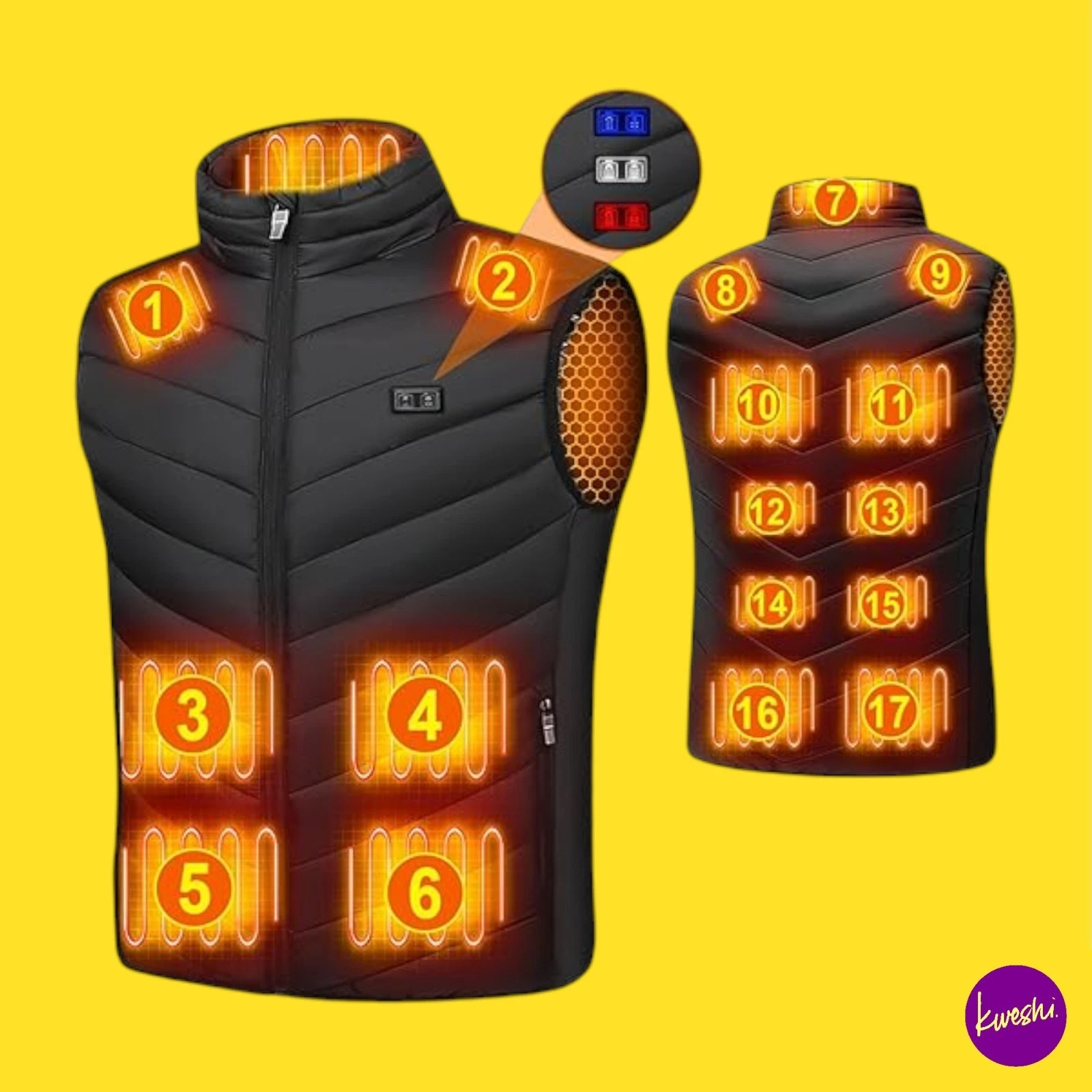 QOQIDUN Unisex Heated Vest, 17 Heating Pads, 3 Settings, Black, UK M | EU M