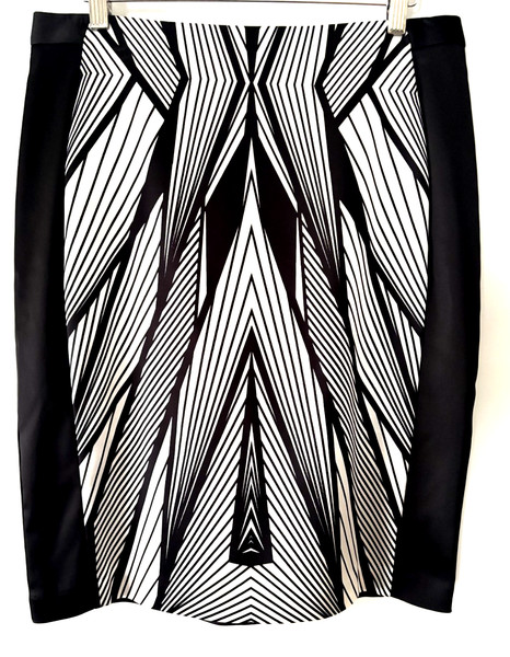 Veronika Maine Black White Satin Straight Skirt Size 12 Back Feature Gold Zip