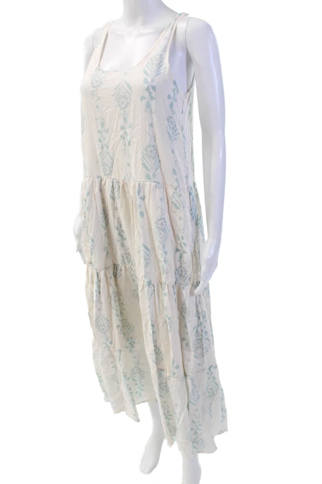 Espléndido Vestido Para Mujer Algodón Floral Sin Mangas Cuello Redondo Línea A Crema Talla XS Foto 2 de 4