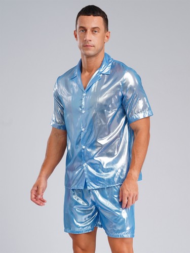 Hombres Camisa Cuello Chándal Brillantes Trajes Disfraz Brillante Manga Corta Pantalones Cortos - Imagen 14 de 78