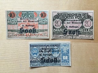 VÖSLAU: 10 20 50 Heller mit schwarzem Aufdruck: Übern. durch die Gemeinde SOOß