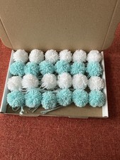 24 Light Blue & White Handmade Wool Pom Poms - 1.5”